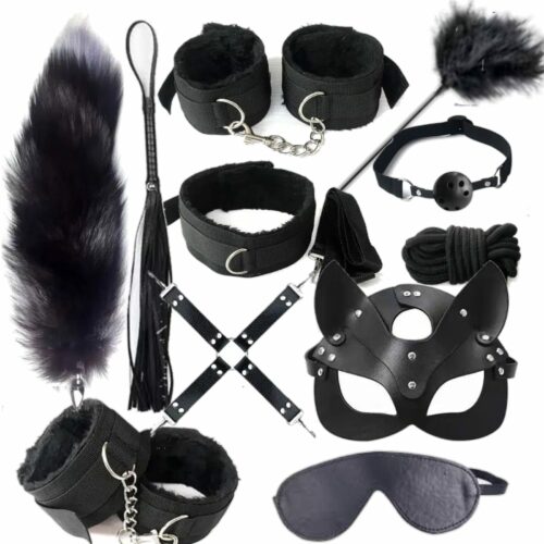 Conjunto de Brinquedos e Bondage Divertidos para Casais Exóticos Pretos (14 Peças)